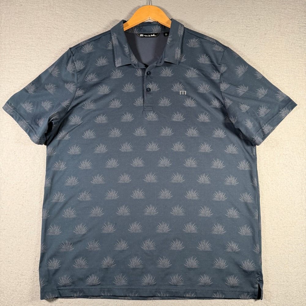 TravisMathew Mens XXL Agave Print Pima Cotton Blend Golf Polo Shirt Gray Blue